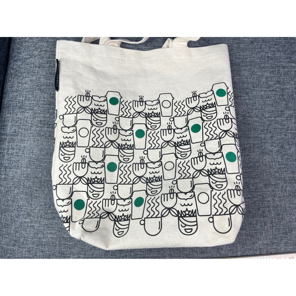 Starbucks Travel Tote Bag Cotton Canvas Coffee Cup Doodle Print Cream Green 2017 - Picture 3 of 14